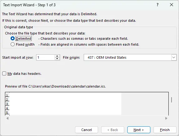 Import Google Calendar ICS file into Excel