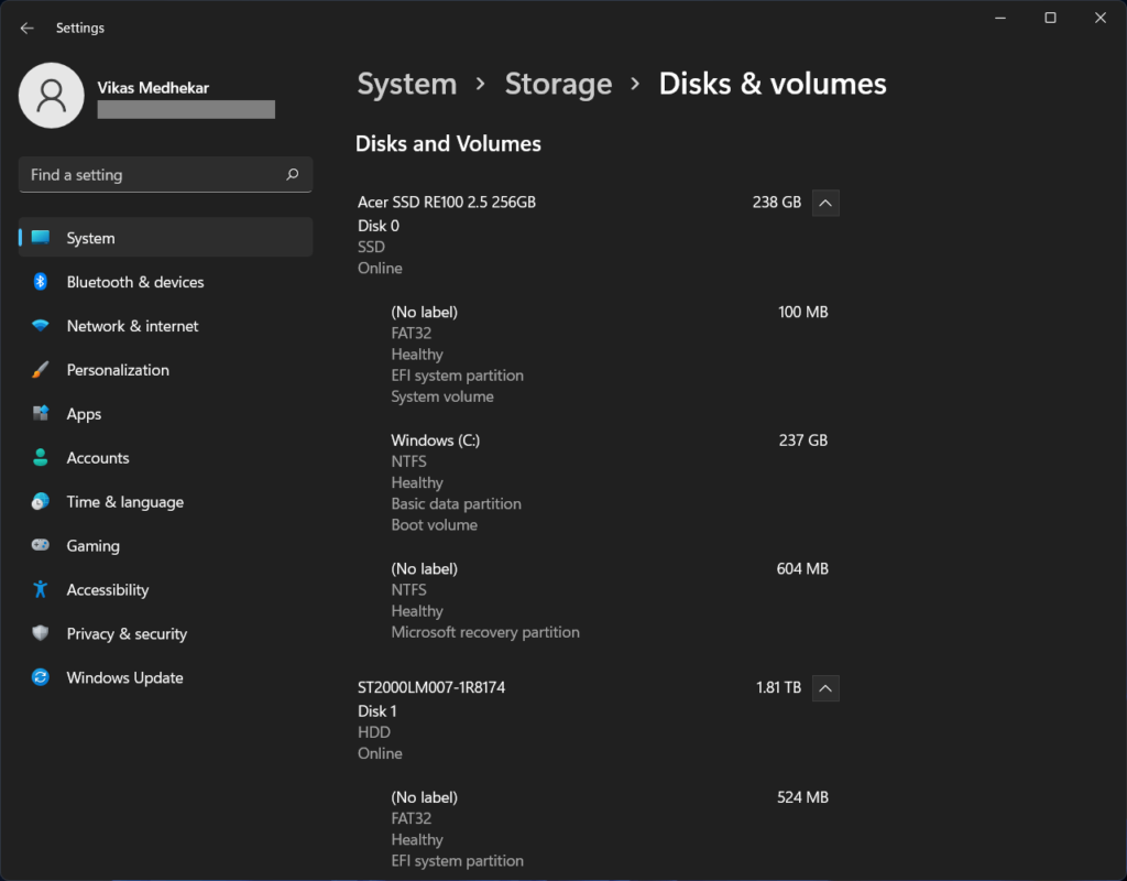 Disks & Volumes Page in Settings