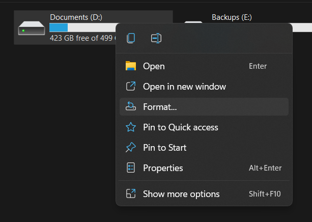 Format a hard disk or SSD in File Explorer