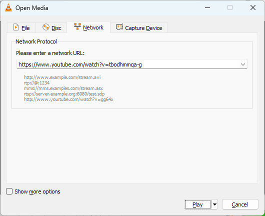 VLC Media Player Open Media Dialog