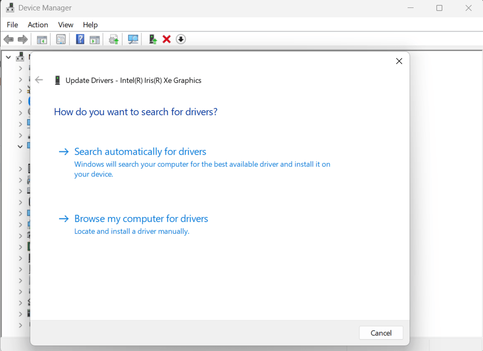 Updating drivers using Device Manager