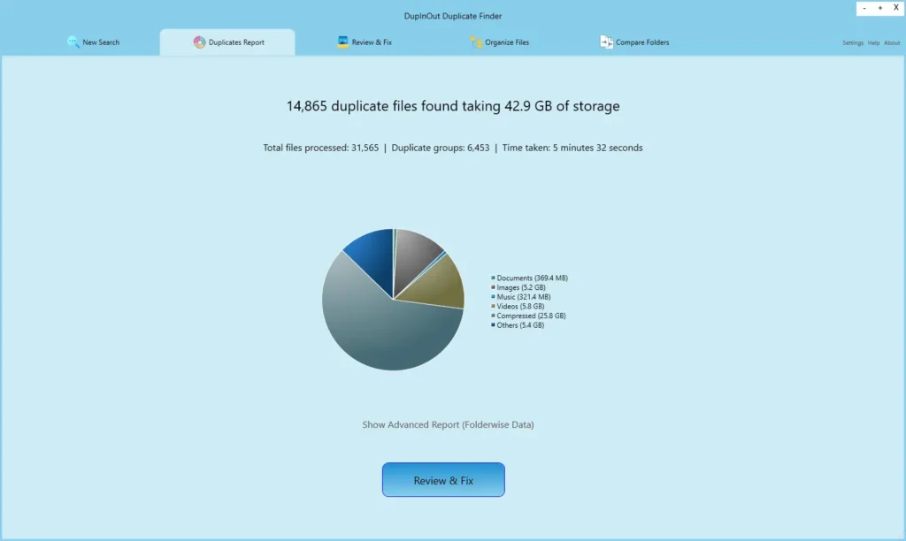 duplicate files finder scan report